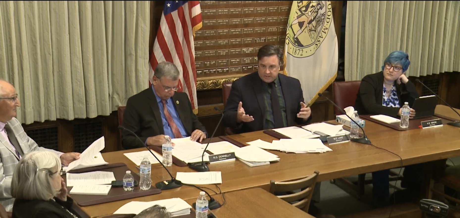 Hospital, veteran banners, and Town Meeting at Selectmen